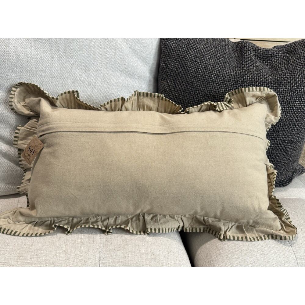 New Cottage Farmhouse Vintage Olive Green Stripe Ruffle Lumbar Accent Pillow - Picture 9 of 13